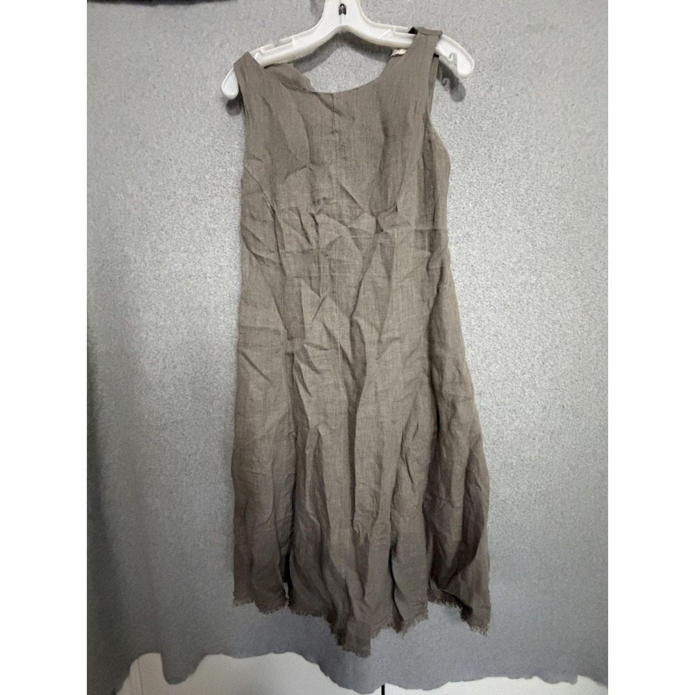 COSMO Dress Womens S Beige Linen Scoop Neck Smocked Midi Sundress Fringe Italy